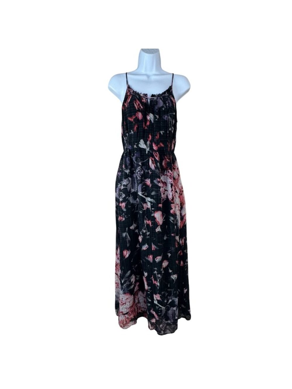 Theory Exploded Flower Black Maxi Dress Size P/XS FLAWS Pink Purple Dressy Fun